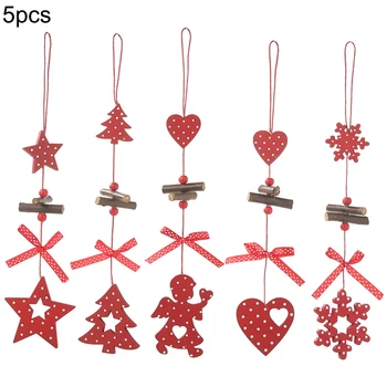

5pcs Christmas Wood Tree Decorations Red Polka Dot Pendant Pentagram Love Hanging Ornaments New Year Party Home Decor