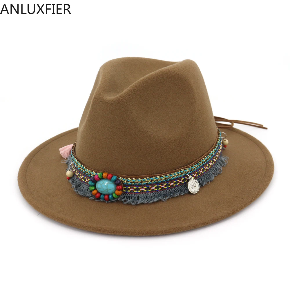 

H7545 Men Women Couple Wool Fedoras Hat Woolen Felt Outdoor Gentleman Jazz Cap Male British Vintage Ribbon Church Party Hats