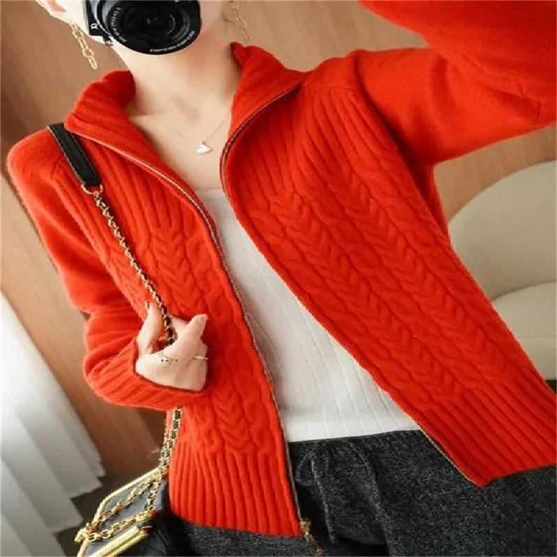 Zipper Knitted Sweater Cardigan Women Stand-Up Collar Loose Cable  Solid Knit Sweater Jacket Female Student Tops Autumn Red Pink