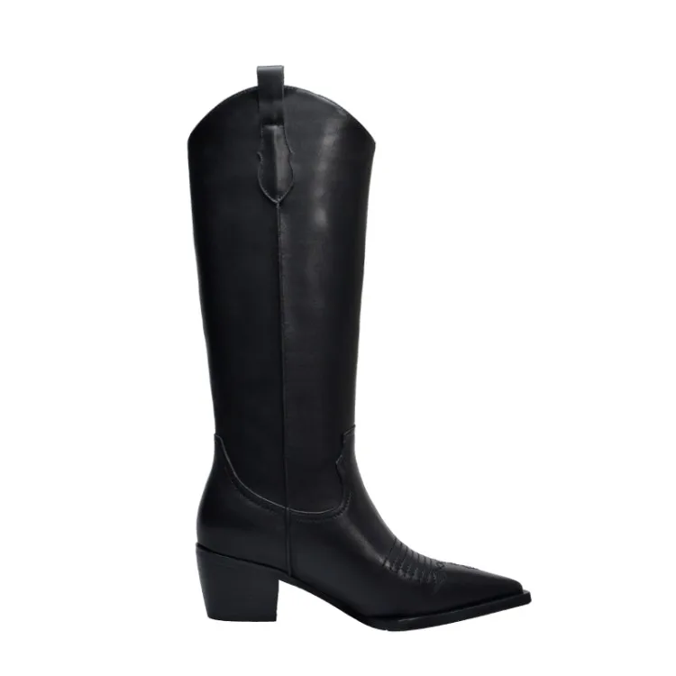 Women Classic Rome Runway Shoes Black White Leather Pointed Toe Mid-calf Booties Fashion Cowboy Boot Woman Free Shipping
