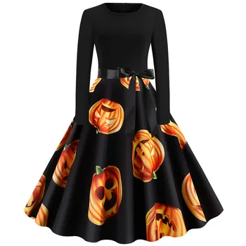 

Halloween Pumpkin Print Autumn Winter Dresses 2019 Fashion O-neck Long Sleeve Vintage Pinup Black Patchwork Dress Holiday Party