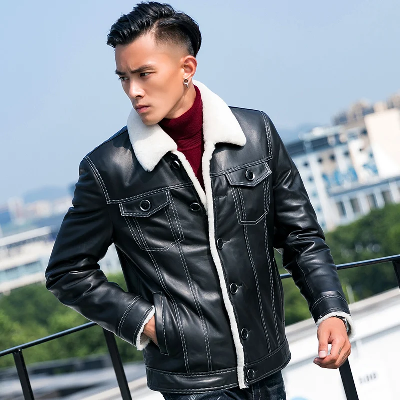

Genuine Leather Men Sheep Shearing Real Fur Coat Winter Jacket Men's Vintage Motorcycle Warm Wool Jackets Casaco YY265