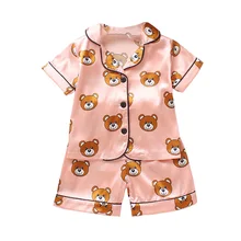 Pigiama per bambini Set seta donna uomo pigiama ragazzi ragazze orso stampa pigiama camicetta manica corta top + pantaloncini intimo e indumenti da notte