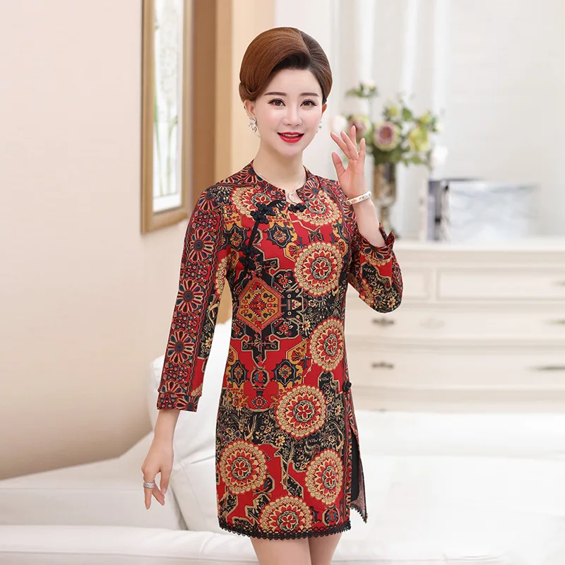 

2018 New Style Fashion Elegant Mom Autumn Clothing Dress Long Sleeve Large Size Slimming Middle-aged WOMEN'S Apparels Autumn Ski