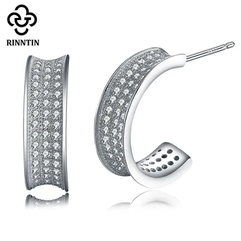 

Rinntin Sterling Silver Half Circle Stud Earrings 3 Row 96pcs Paving Cubic Zircon Earrings Trendy Party Female Jewelry TSE17