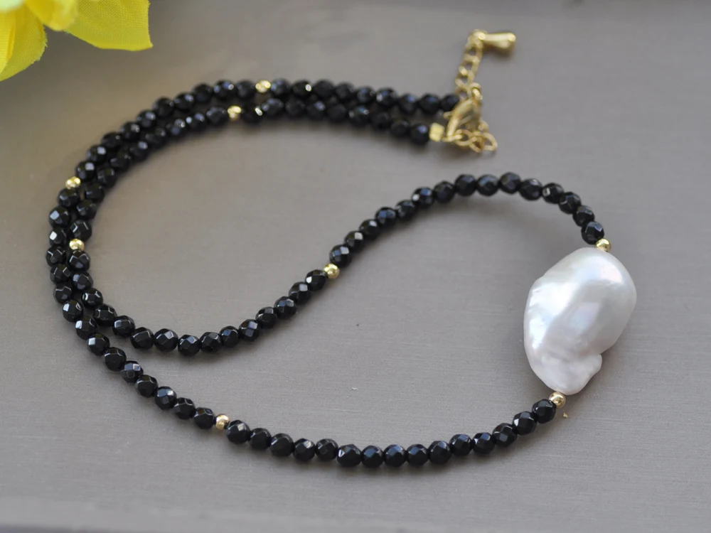 

Ожерелье MCT · STAR Z10637, 18 дюймов, 25 мм, капля, барокко, белый Кеши, жемчуг, черное ограненное агатовое ожерелье