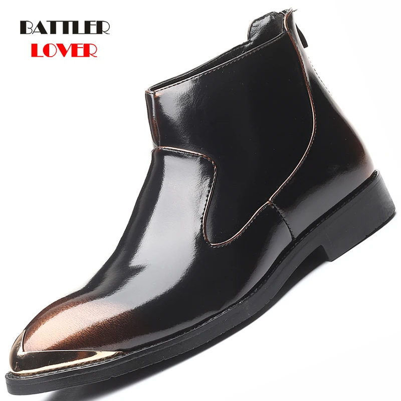 Autumn Winter Classic Patent Leather Ankle Chelsea Boots Men Shoes Metal Pointed toe Zipper Vintage Male Casual Motorcycle Boot