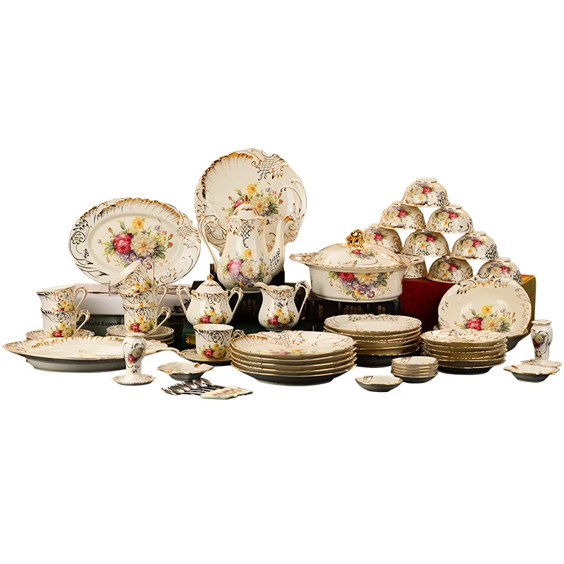 

Ceramic Yellow Handpainted Gold 28 Pieces Bowl, Plate, Tableware, Gift Box Set Customized Processing High-end Wedding Gifts