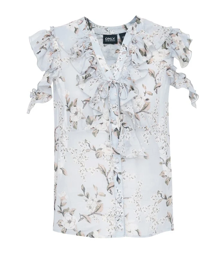 ONLY Womens Ruffled V-neckline Floral Short-sleeved Chiffon Shirt | 119104501