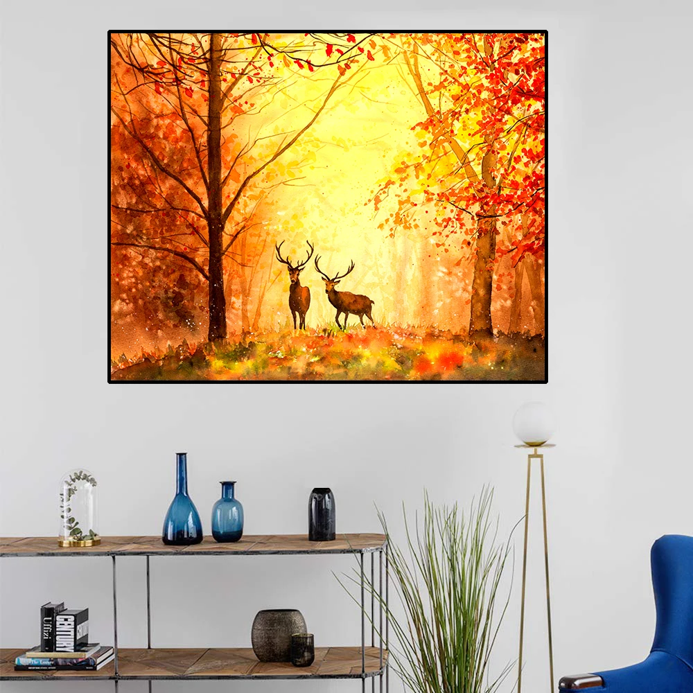 

Canvas Art Oil painting Elk in the forest Beautiful scene Wall Decor Picture Modern Home Decoration For Living room Office