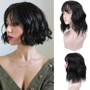 

MANWEI Orange purple short Wavy Wig with Bangs Heat Resistant Fiber Hair Cosplay Synthetic Wigs for Black Women Afro