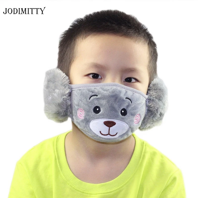 

MoneRffi 2020 New Winter Plush Mouth Mask For Children Face Warm Cover Mask With Earmuff Dustproof Cute Cartoon Bear Pattern