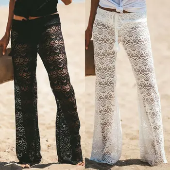 

Women's Beach Lace Mesh Sheer Bikini Cover Up Swimwear Drawstring Transparent Long Flare Pant Trousers Dropshipping