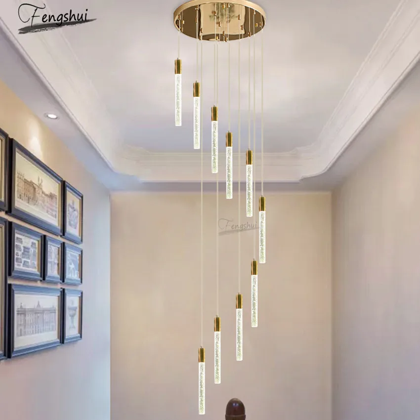 

Modern LED Luxury Crystal Strip Lamp Villa Hotel Loft Duplex Chandelier Dining Room Staircase Lights Decor Nordic Light Fixtures