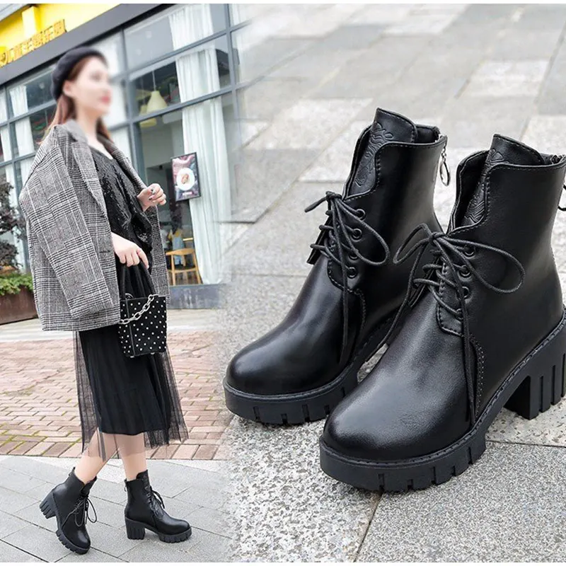 MCCKLE/Осенняя обувь женские ботильоны обувь на платформе на высоком квадратном каблуке со шнуровкой Женская обувь из искусственной кожи на молнии с круглым носком