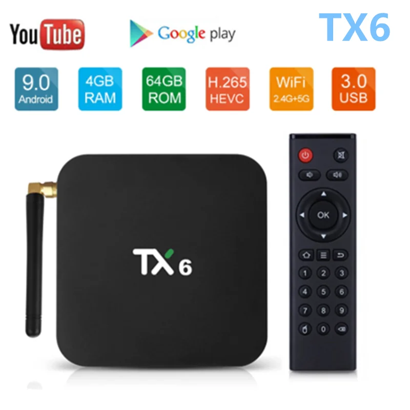 Смарт-ТВ Tanix caixa tx6 android 9 0 4 ГБ 64 5 8 ГГц Wi-Fi allwinner h6 четыре ядра usb 3 bt4.2 4k медиаплеер google