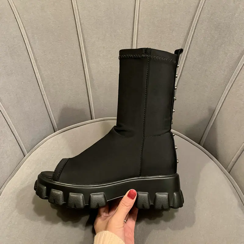 

Black Color Women Summer Knee High Boots Hollow Out Flats Footwear Open Toe Style Fashion Designer Boots Size 34-46
