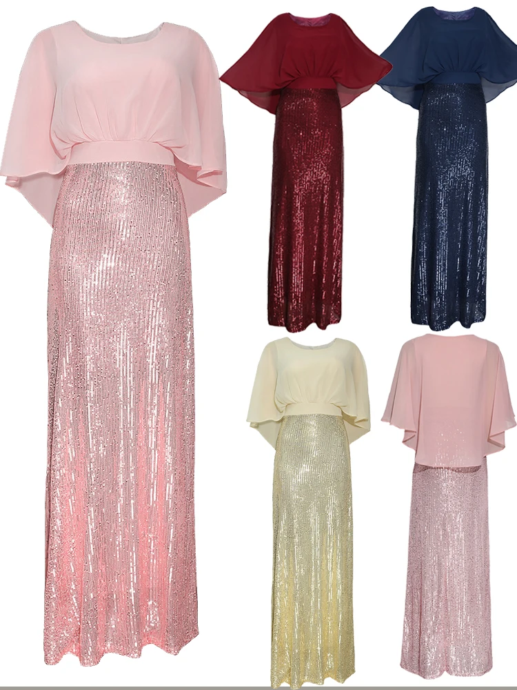 

Pink Formal Evening Dresses Long A-Line Elegant Sequined Chiffon Lotus Leaf Drop Shoulder Sleeve Prom Dresses 2020