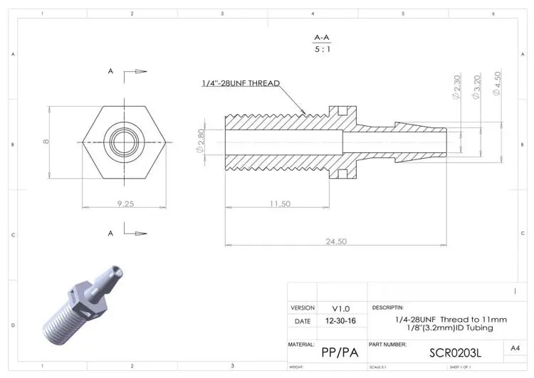 100 шт/лот Luer to Thread fitting-Мужская резьба 1/"-28UNF - Цвет: 3.2mm 11mm