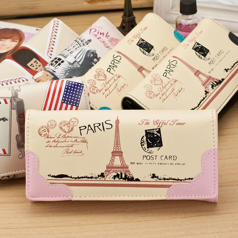 

Long PU Cartera Mujer Landscape Printing Paris Eiffel Tower Cartera Mujer High Capacity Cartera Mujer Phone Travel Wallet Brands