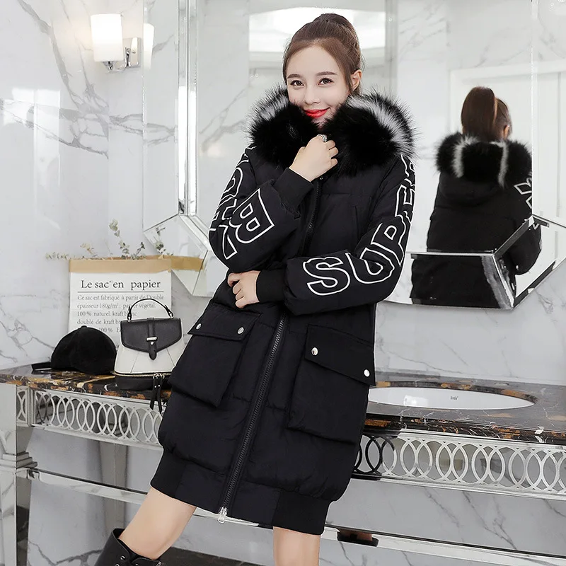 

Photo Shoot 2018 New Style down Jacket Large Size Thick Embroidered Mid-length Large Fur Collar Casual Parker Cotton Coat