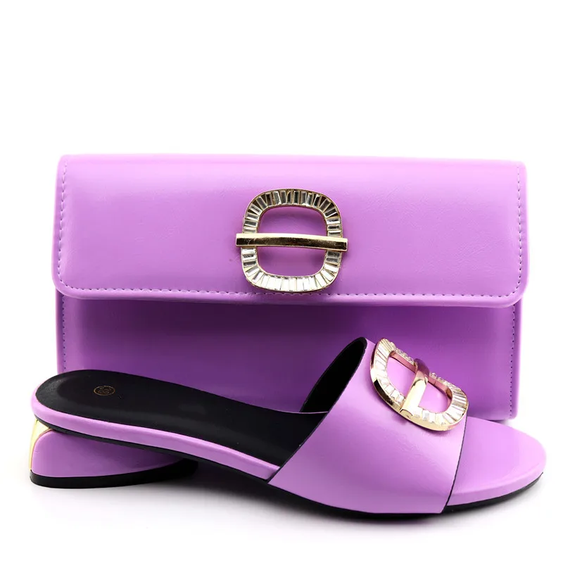 

Hot sale L.purple women sandals match bag set with medal decoration african dress shoes and handbag for party YY019,heel 4CM