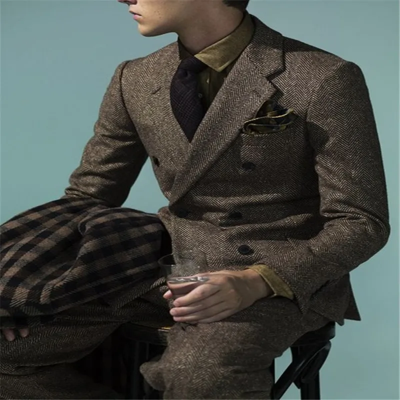 

Herringbone Wool Men's 2 Piece Suit Tuxedos Double Breasted Men Suits for Wedding Tweed Suit for Men (Jacket + Pants)