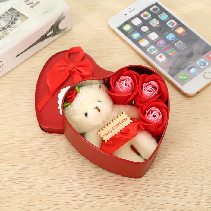 Новинка, 3 мыла в форме цветка, Розовое Мыло с медвежонком и коробкой для хранения в форме сердца, романтический подарок для влюбленных подруг XO