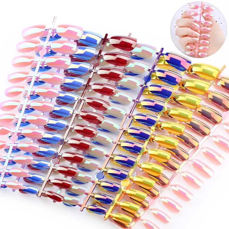 

24pcs/set Reusable Metal Color False Nail Artificial Tips Full Cover for Decoration Stiletto Design Press Laser Fake Nails Tips