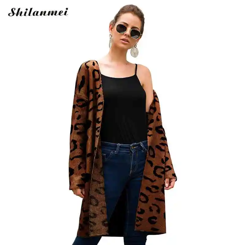 

Leopard Printed Long Sleeve Knitwear 2019 Long Cardigan Sweater Causal Women Sweater Autumn Winter Sweater Harajuku Sueter Mujer