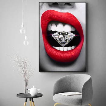 

Sexy Beauty Personality Red Lip with Diamond Canvas Posters and Prints Printed On Canvas Wall for Living Room Decoration Picture
