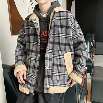 

UYUK2019 Winter Jackets Mens New Casual Loose Fashion Trend Large Size Retro Plaid Lamb Hair Men's Lapel Cotton Coat Clothes