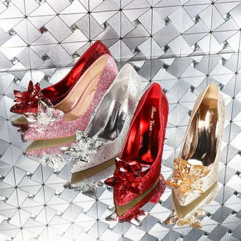 

Cinderella Glass Pointed High Heels Crystal Silver Bottom Women Pumps Rhinestones Flowers Wedding Shoes Woman Ladies Bridal Shoe