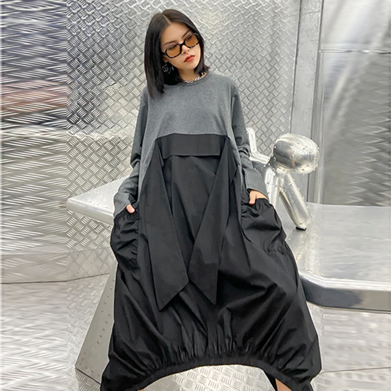 [EAM] Women Gray Contrast Color Big Size Dress New Round Neck Long Sleeve Loose Fit Fashion Tide Spring Autumn 2020 1DA259