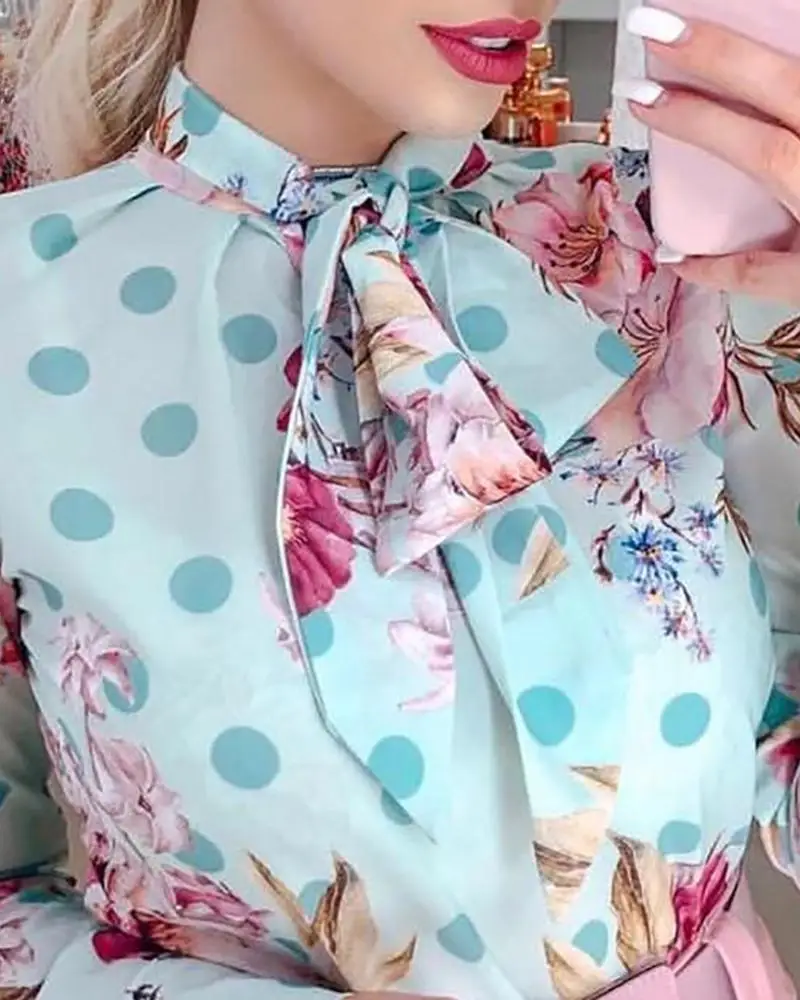 Tie Bow Neck Long Sleeve T Shirt Women Polka Dots Print Elegant Ladies Tops Summer Streetwear Casual Tee Shirts Woman Blusa