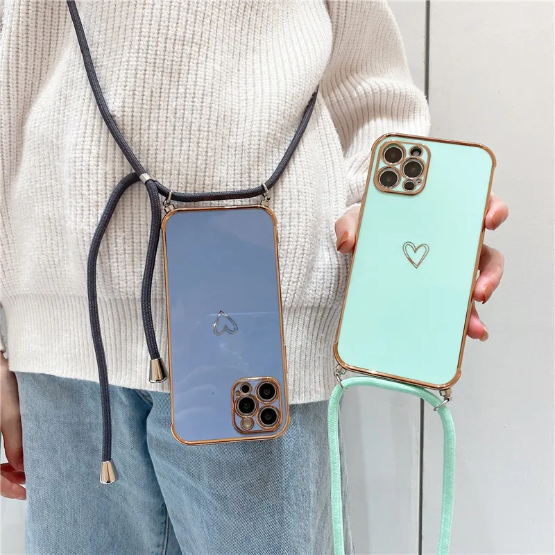 iphone 12 cover case Cute Electroplated Love Heart Lanyard Case For iPhone 11 12 13 Pro Max XS XR X 7 8 Plus Mini SE 2 Cord Rope Necklace Strap Cover apple iphone 12 case