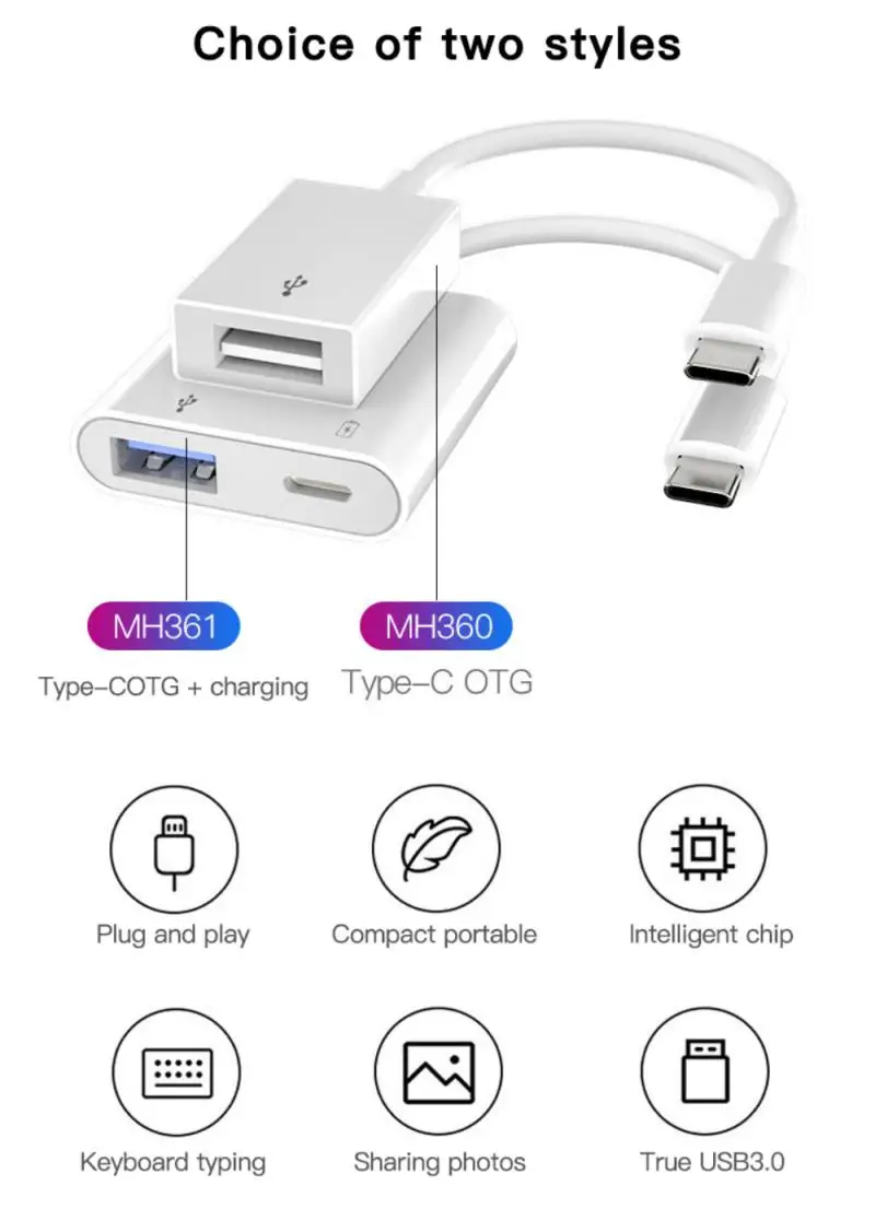 Type‑C to USB3.0 Adapter MH361 Type‑C OTG Converter Cable 2 in 1 USB C Male to USB Female and Charging Port Adapter Free Drive OTG Adapter Cable 