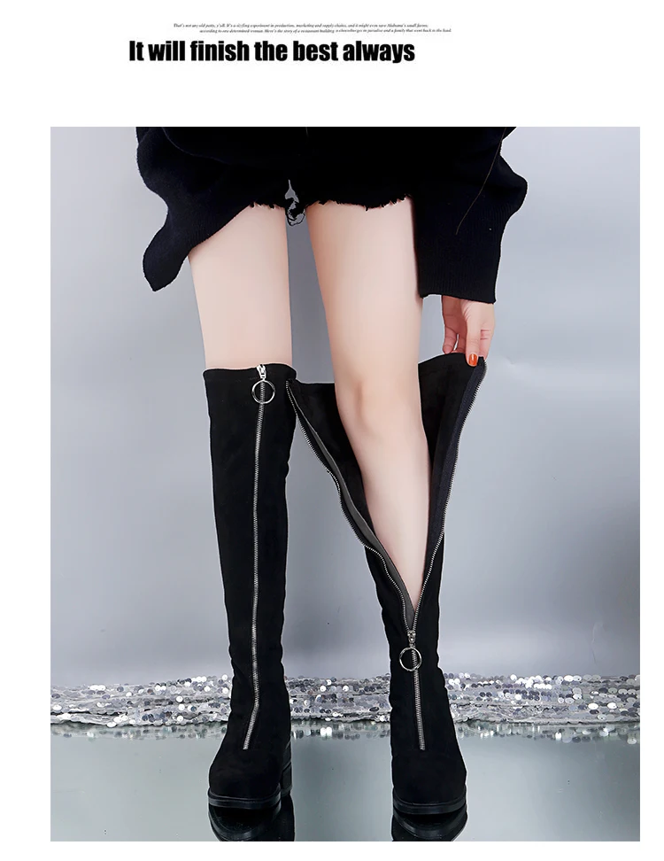 Новое кольцо с молнией спереди; женские ботфорты выше колена из эластичной замши, на высоком каблуке Осенняя Женская обувь Зимняя Для женщин сапоги размер 35-41