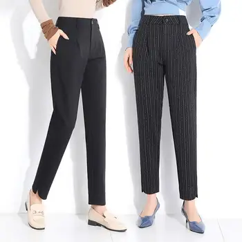 

Nonis New 2020 Spring Women Stripe Work Pants Plus Size Bottom Fork High Waist Female Pleated Ankle Length Pants Office Lady