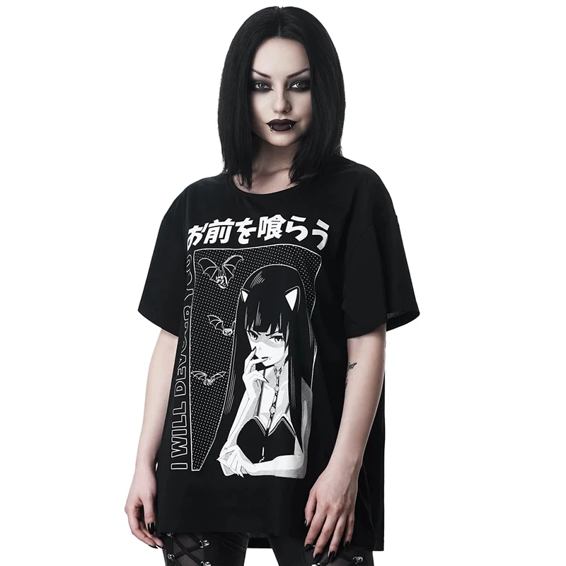 InstaHot Харадзюку Раскрашенная футболка большого размера Женская с коротким рукавом готический панк черная Темная футболка Топ летняя японская футболка