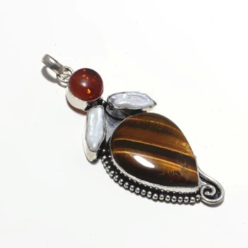 

Tiger Eye + Biwa Pearls Pendant Silver Overlay over Copper , 81 mm, P6865