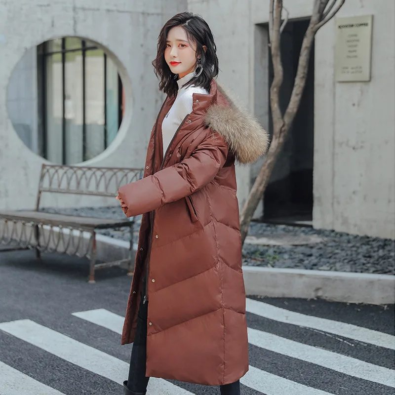 

Oversize Big Fur Hood White Duck Jackets Women Thick Extra Long Down Overcoat Female Puffer Jacket Plus Size JK-823