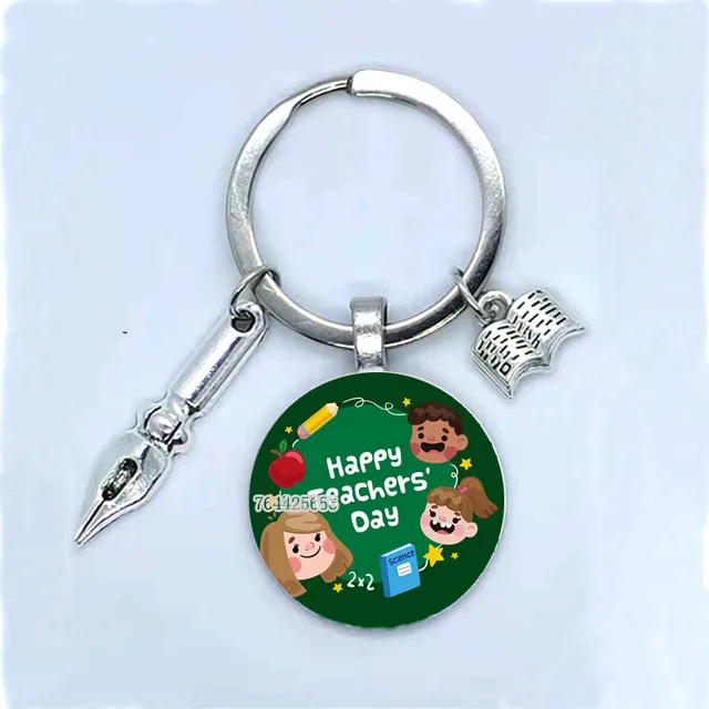 Fashion New Dear Teacher Round Glass Keychain Handmade DIY Book Pen Decoration Pendant Keychain Teacher'S Day Gift Souvenir 14