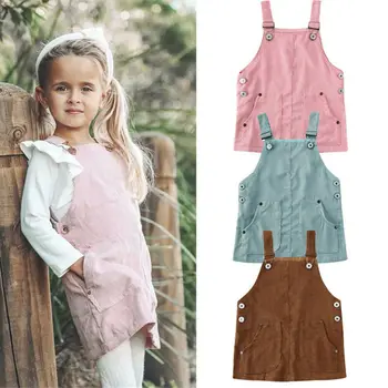 

2020 Toddler Kids Baby Girl Retro Strap Dress Pockets Suspenders Loose Buttons Overalls Dresses Clothing 0-5Y