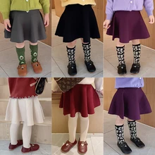 Осенне-зимняя Детская короткая юбка в школьном стиле Однотонная юбка-трапеция для маленьких девочек, эластичная юбка с высокой талией для малышей, От 1 до 6 лет