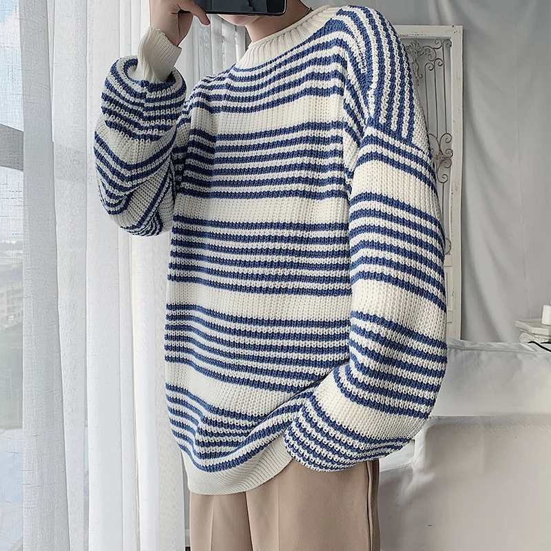 

Korean Striped Sweater Men's Warm Fashion Casual Knit Pullover Men Wild Loose Autumn Knitting Sweaters Mens Clothes M-2XL