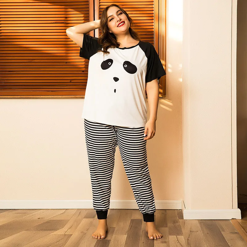 Plus Size Pajama Sets Women Summer Sleepwear Cotton Cute Cartoon Short Sleeve Two Piece Set Homewear Sexy Pjs Lounge Nightwear