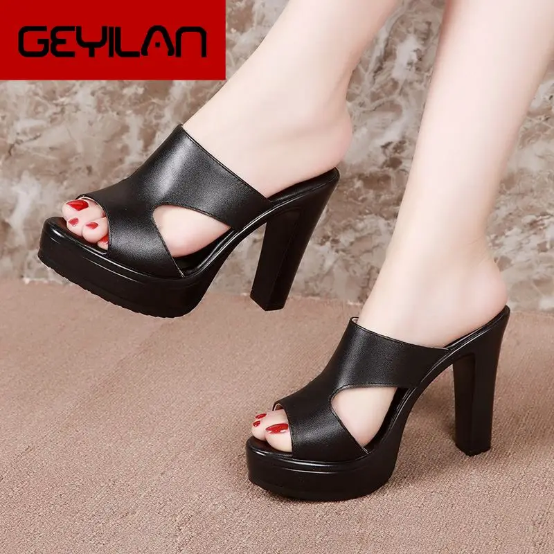 

Plus Size 33-43 High Heels Slippers Women Platform Shoes Summer 2020 Block Heel Leather Slides Ladies Office Slippers