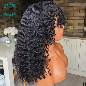 

Scalp Base Top Full Machine Made Wig with Bangs Kinky Curly Human Hair Wigs 150 Density Bangs Curly Wig Indian Remy Flowerseason