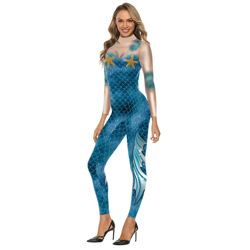 Комбинезоны с объемным принтом «Морская Русалка», «рыбья чешуя», сексуальный женский костюм для косплея, вечерние комбинезоны для девочек